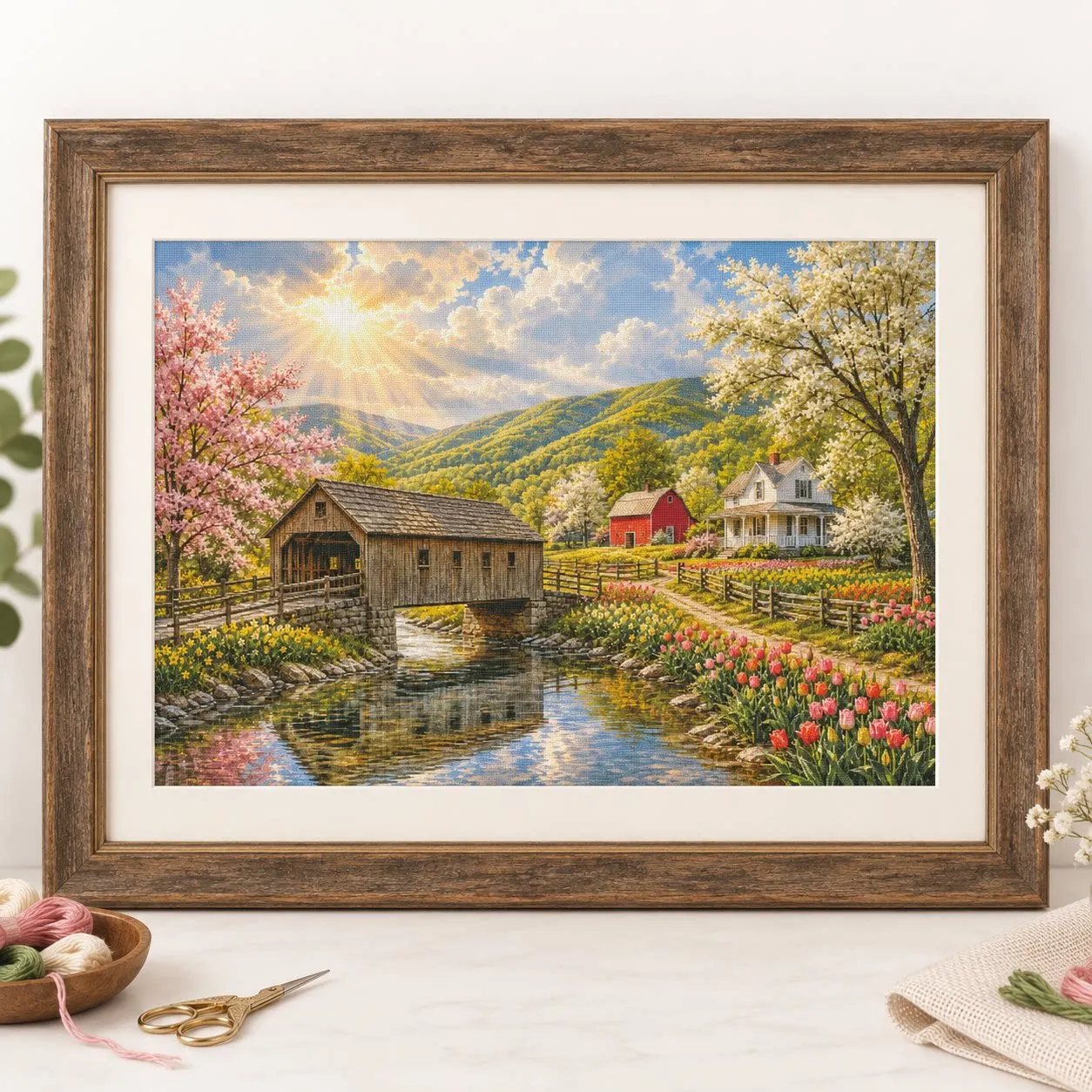 [ZZ9267 - Tulip Country Bridge]14CT 11CT 16CT Stamped Cross Stitch Kit DIY Embroidery Needlework Set with Printed Canvas Cotton