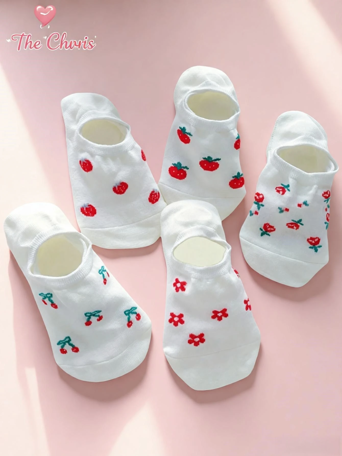 Unsichtbare, kaum sichtbare Damen-Bootssocken mit süßen Frucht- und Kirschmuster, dünne, atmungsaktive Socken für den Sommer, süßer Stil, Studentensocken. – Detail 1