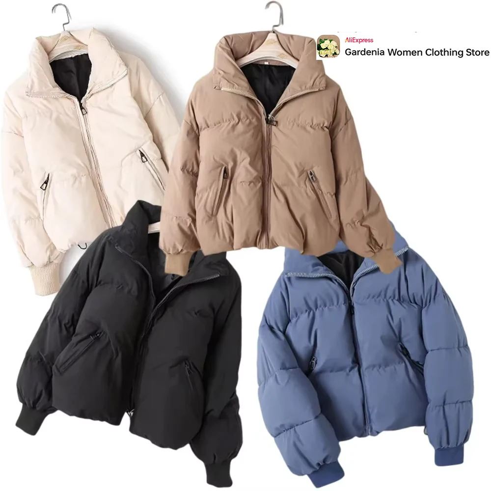 Winter 2024 Four Colors Loose Parkas Woman Long Cuffed Sleeves Front Pockets Classic Women's Thick Coats Stand Collar Outerwears