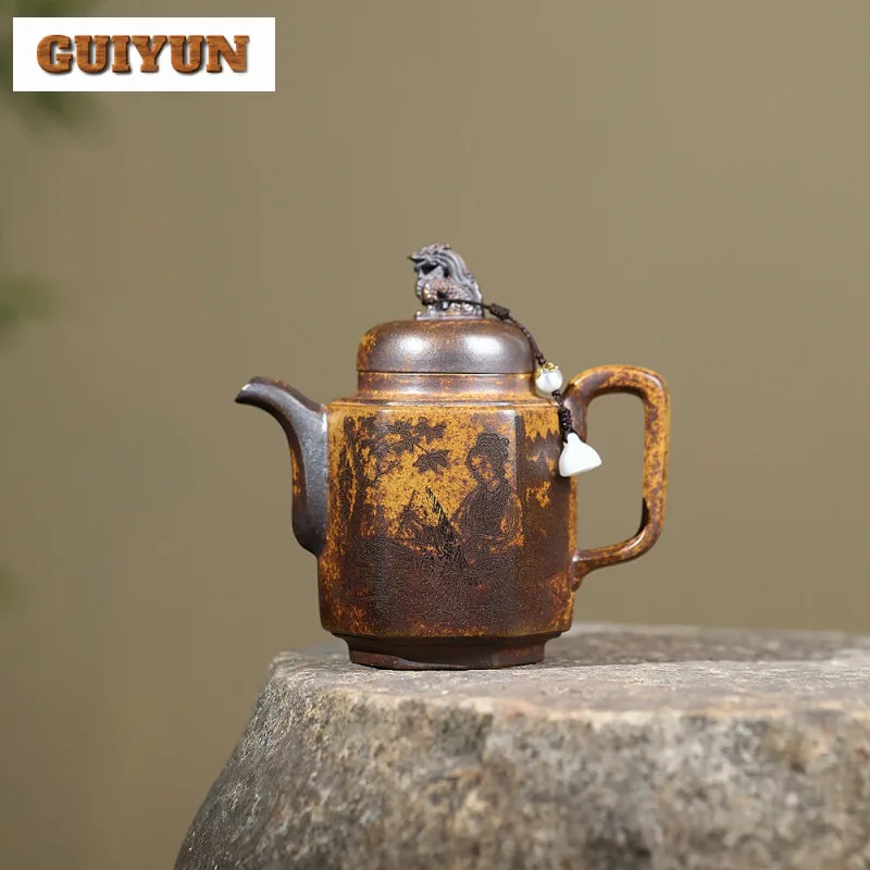 

270 мл Эстетические чайники из фиолетовой глины Исин, горшок для красоты ручной работы, сырая руда, киль, чайник с золотым песком и заварочным устройством, чайный сервиз Zisha Cha