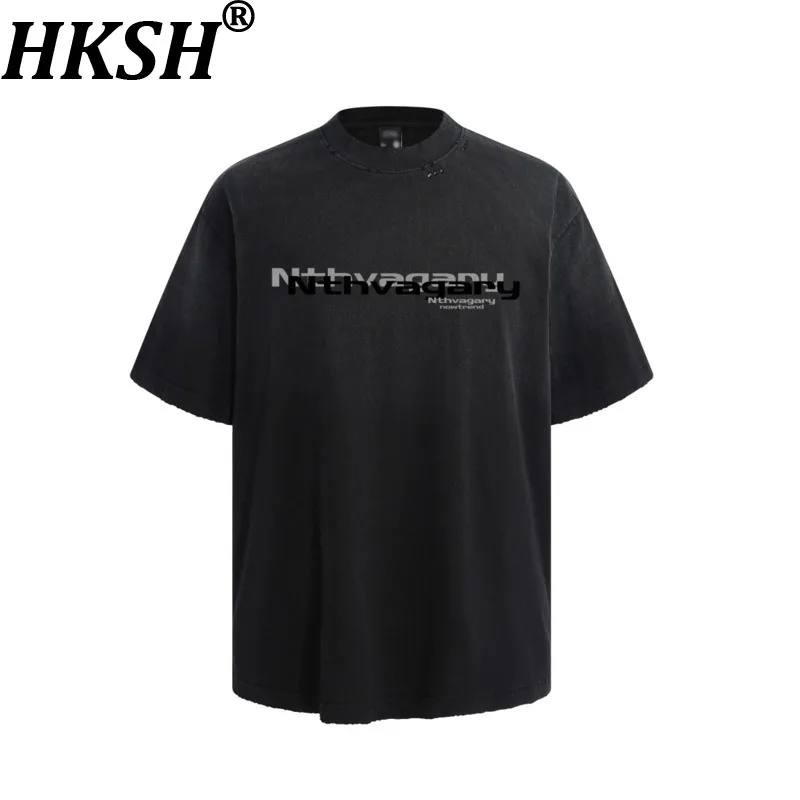 HKSH American Letter Print Short-sleeve T-shirt For Men Trendy High Street Y2K Dark Casual Spray-Painted Distressed Tees HK27566