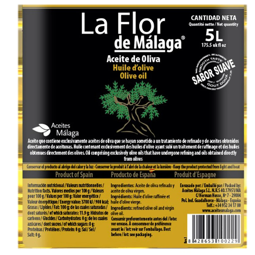 ACEITE VIRGEN DE OLIVA SUAVE LA FLOR DE MALAGA PET GARRAFA TRANSP. ASA NEGRA 5L