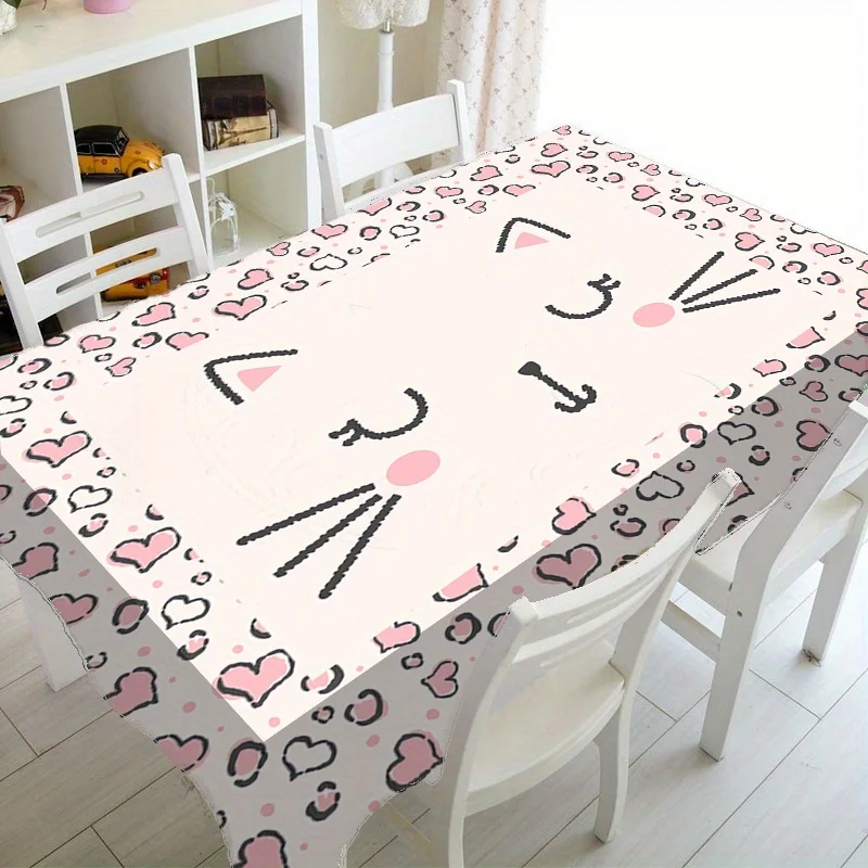 One adorable cat and pink heart patterned tablecloth in various sizes - 100% polyester fiber