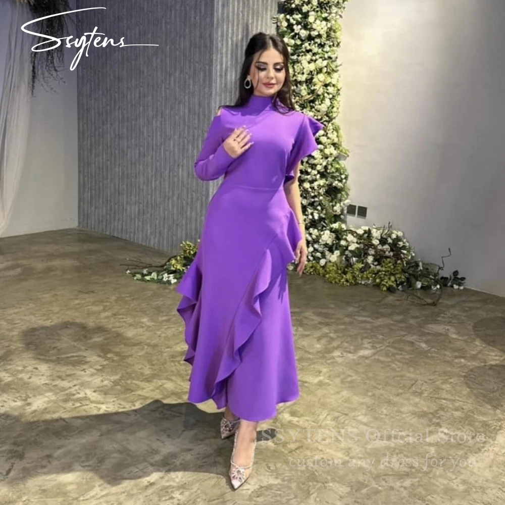 

SSYTENS Dark Purple High Neck Stretch Satin Evening Dresses One Sleeve Ruffles Prom Dress Dubai A Line Formal Dress Party Gowns