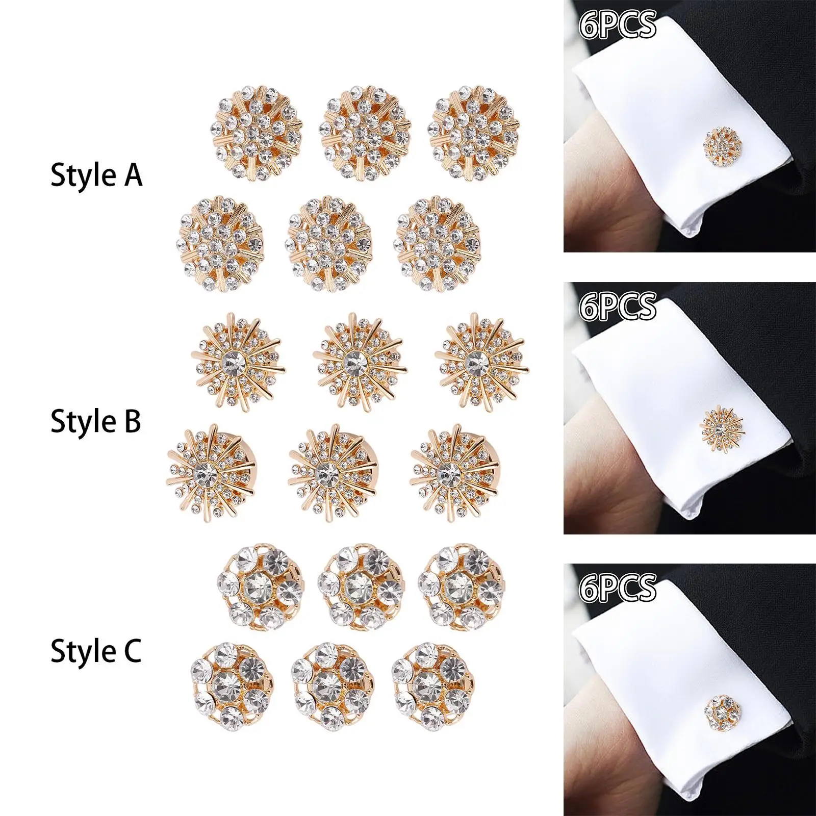 6Pcs Cufflink Trendy Lightweight Detachable suits Rhinestone Button Covers for Formal Ceremony Wedding Engagement Business Party