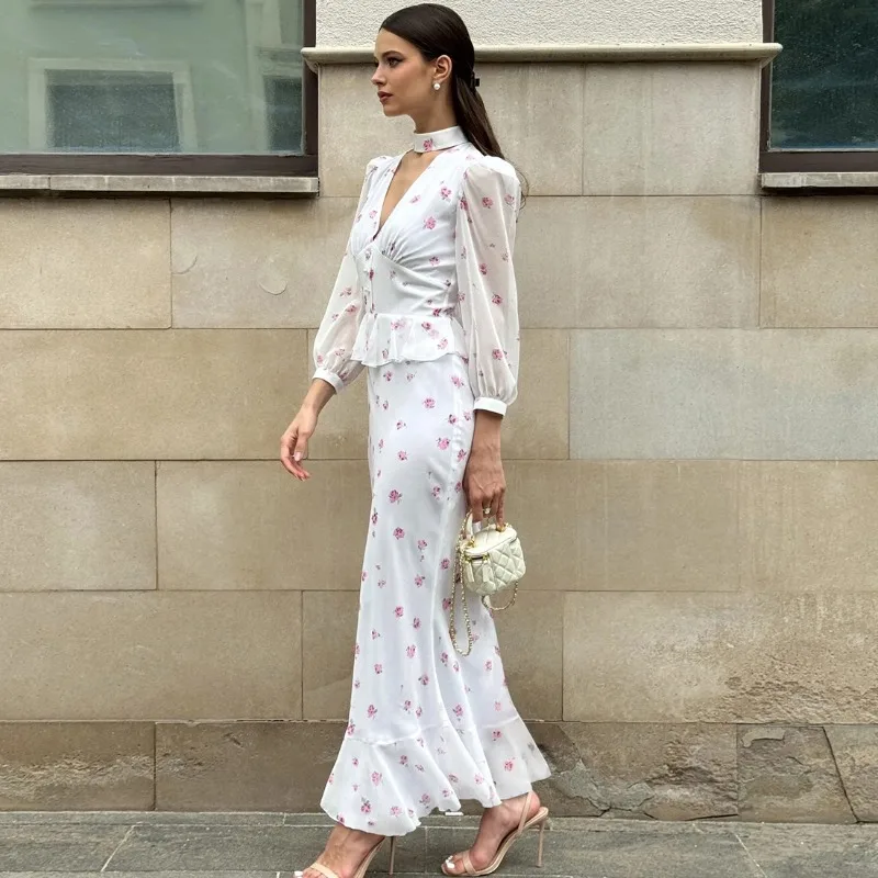 

Ticketsx Fashion V Neck Printed Dress Women Elegant Button Ruched Patchwork Floral Dress Sexy Luxury Female Party Evening Dress