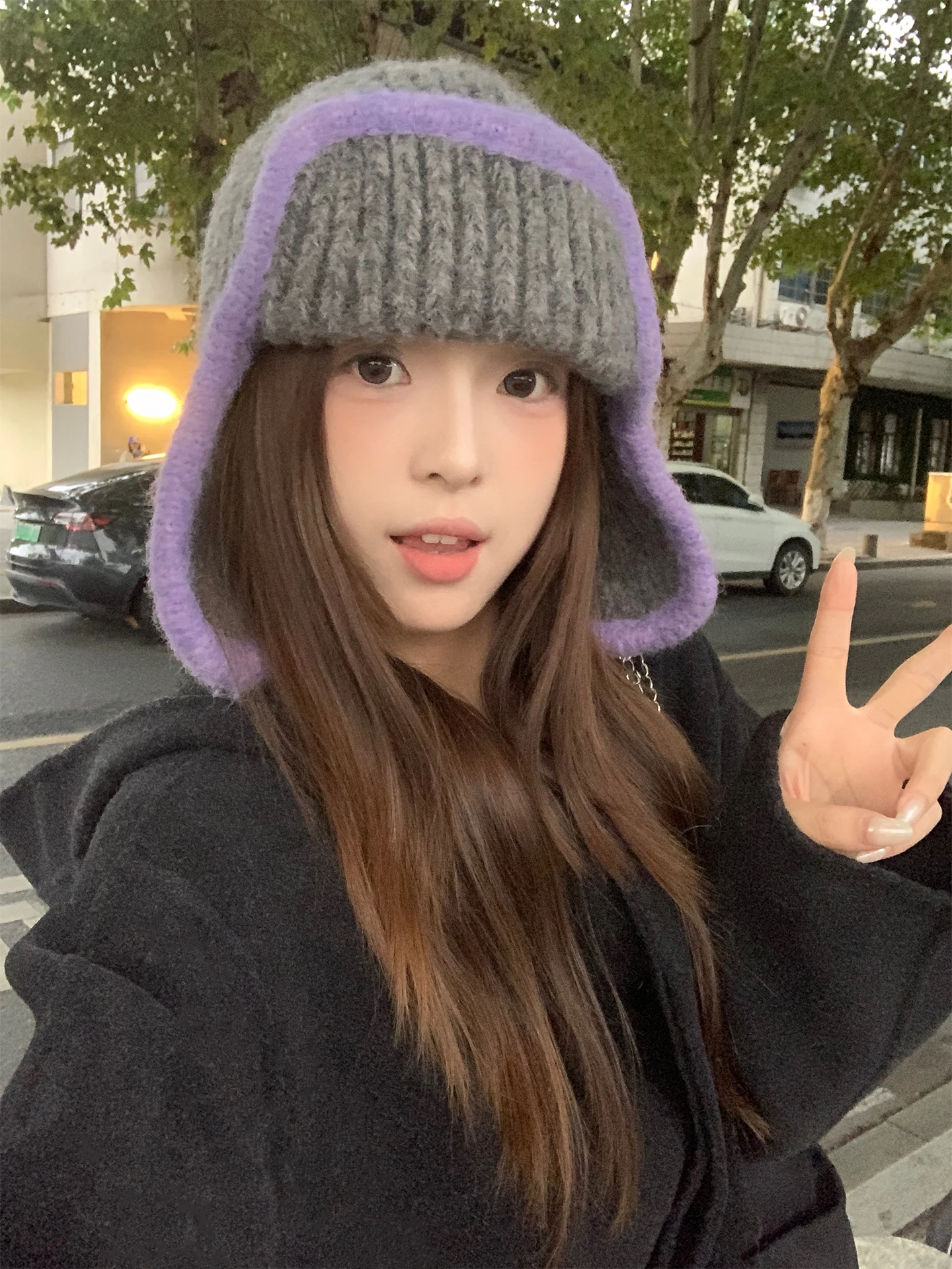 Korean Purple Edge-Locked High-End Feeling Knitted Hat For Women Winter Warm Woolen Hat With Earmuffs