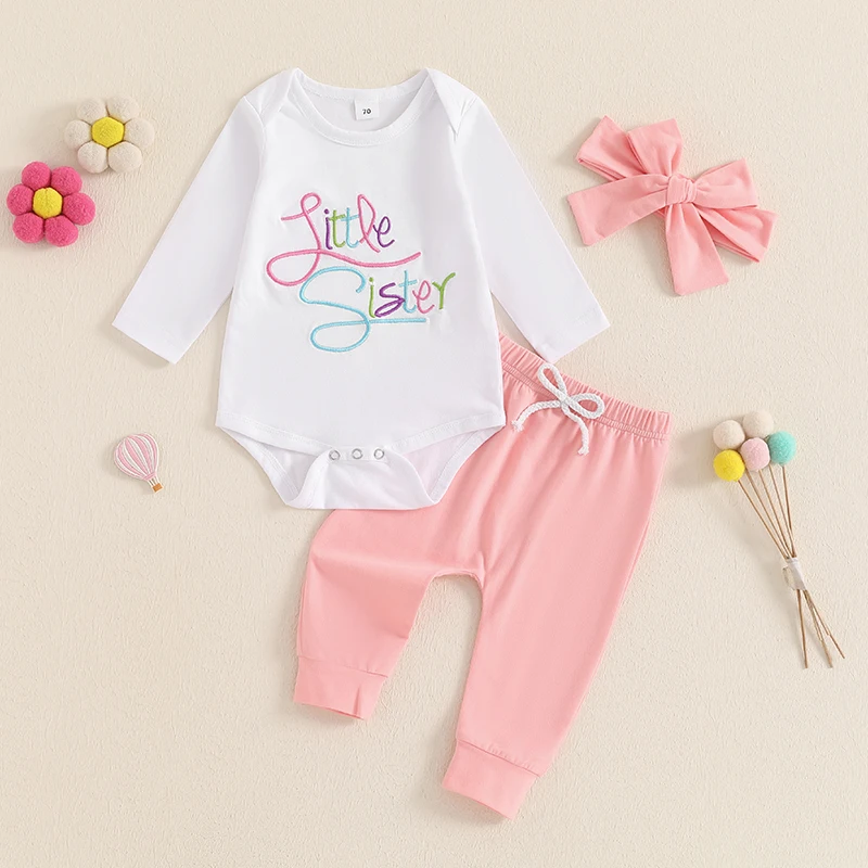 

Suefunskry Newborn Baby Girls Outfit Letter Embroidery Long Sleeves Romper and Elastic Waist Pants Headband Set Cute Clothes