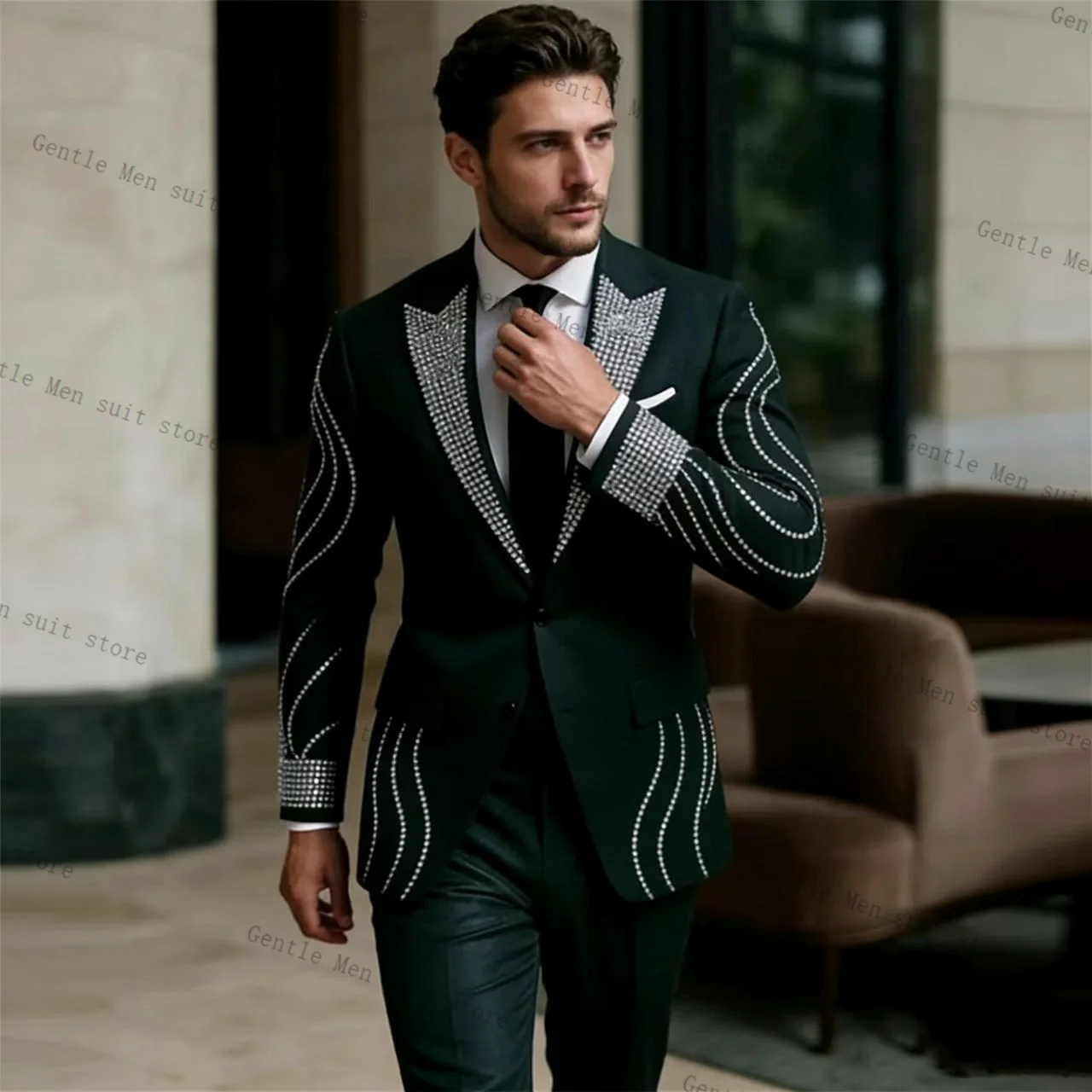 

Groom Crystals Green Men Suit Set 2 Pcs Blazer+Pants Trousers Wedding Tuxedo Formal Office Business Jacket Coat Customized