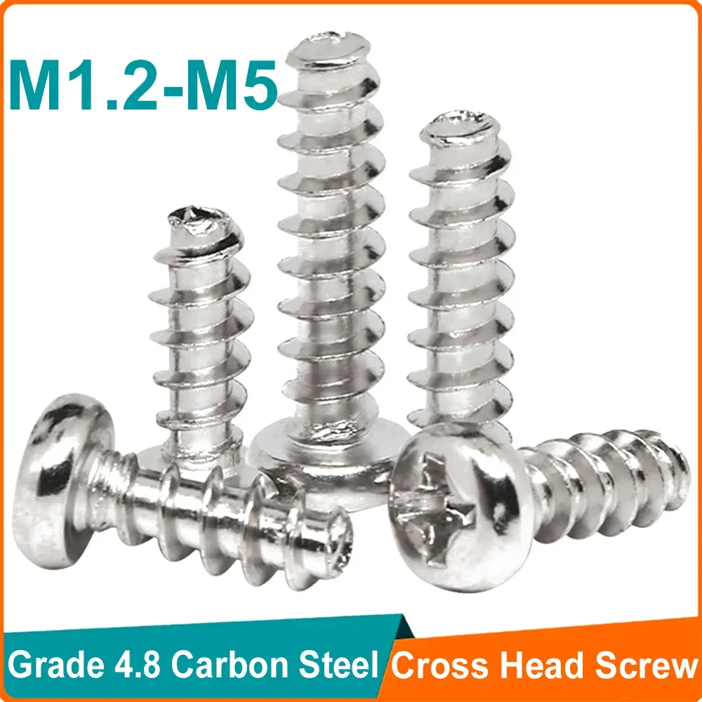 30-100pcs Flat Tail Carbon Steel Phillips Self-tapping Screw M1.2 M1.7 M2 M2.6 M3 M4 M5 Cross Recessed Round Head Tapping Screws