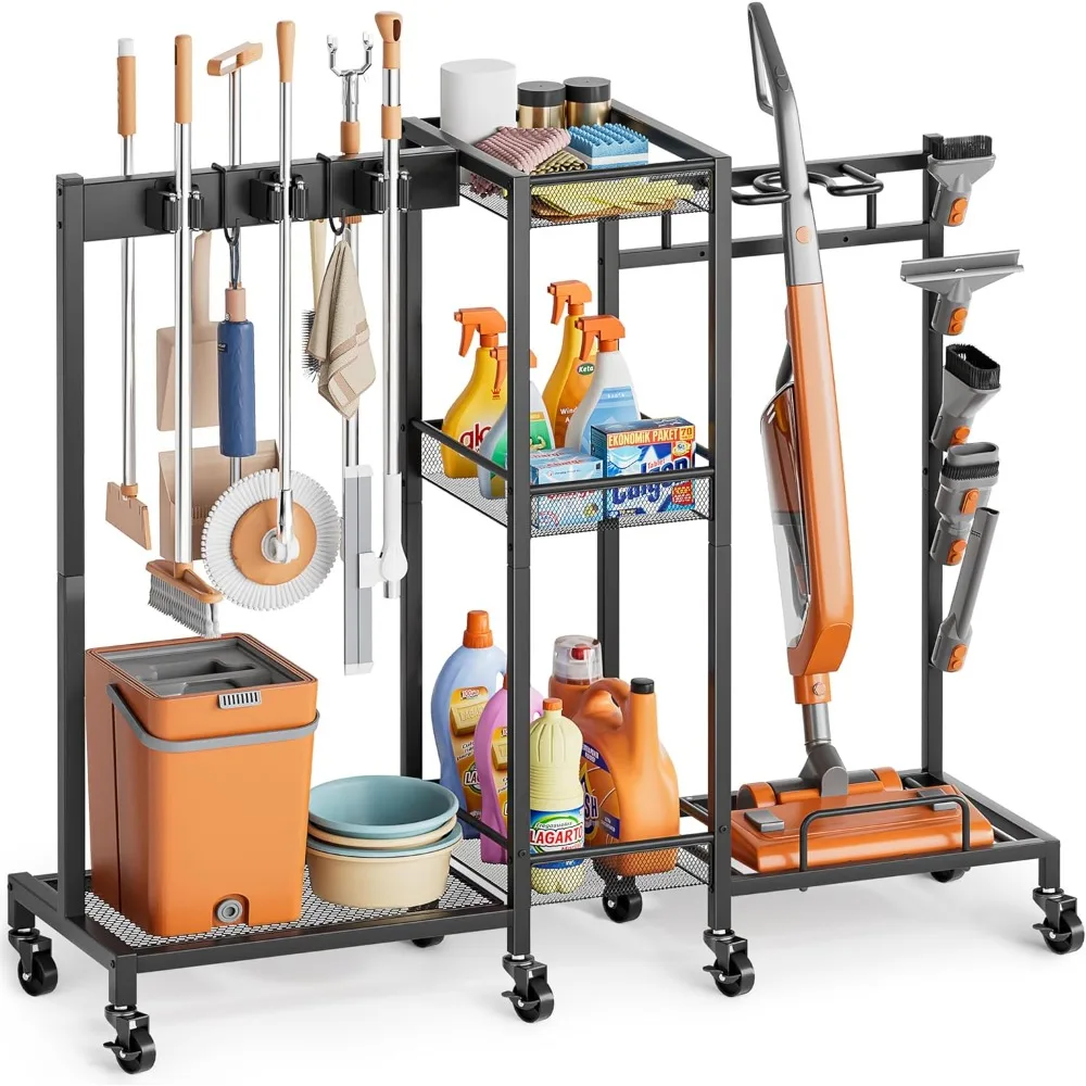 

Holder with Cleaning Supplies Organizer, Closet Storage Cabinet with Cleaning Caddy Vacuum Stand, Cart with