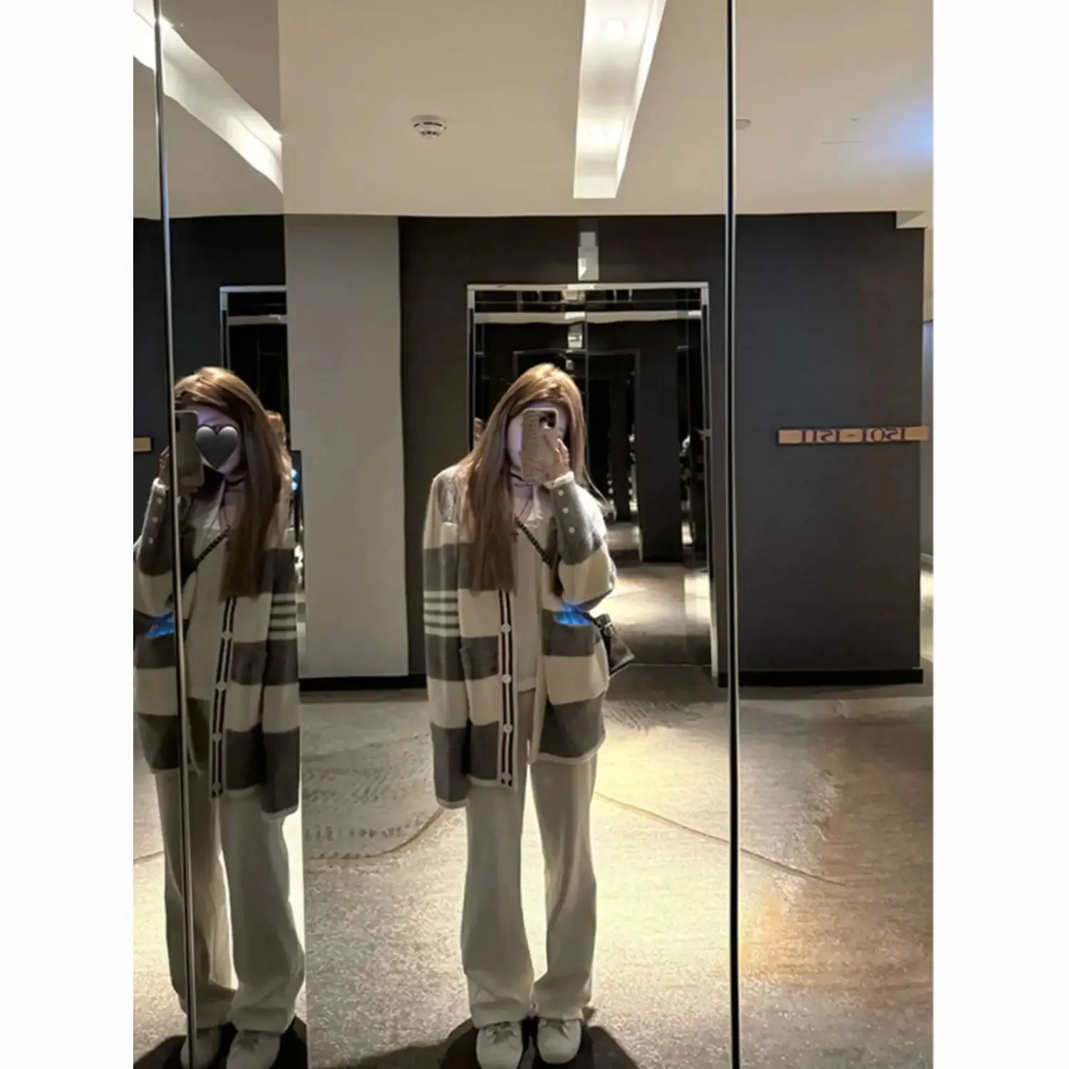 Gaganight Women Academy Style V neck Knitted Cardigan 2024 Autumn Sweater Striped Gray Sweater Top Jacket Casual Korean Version