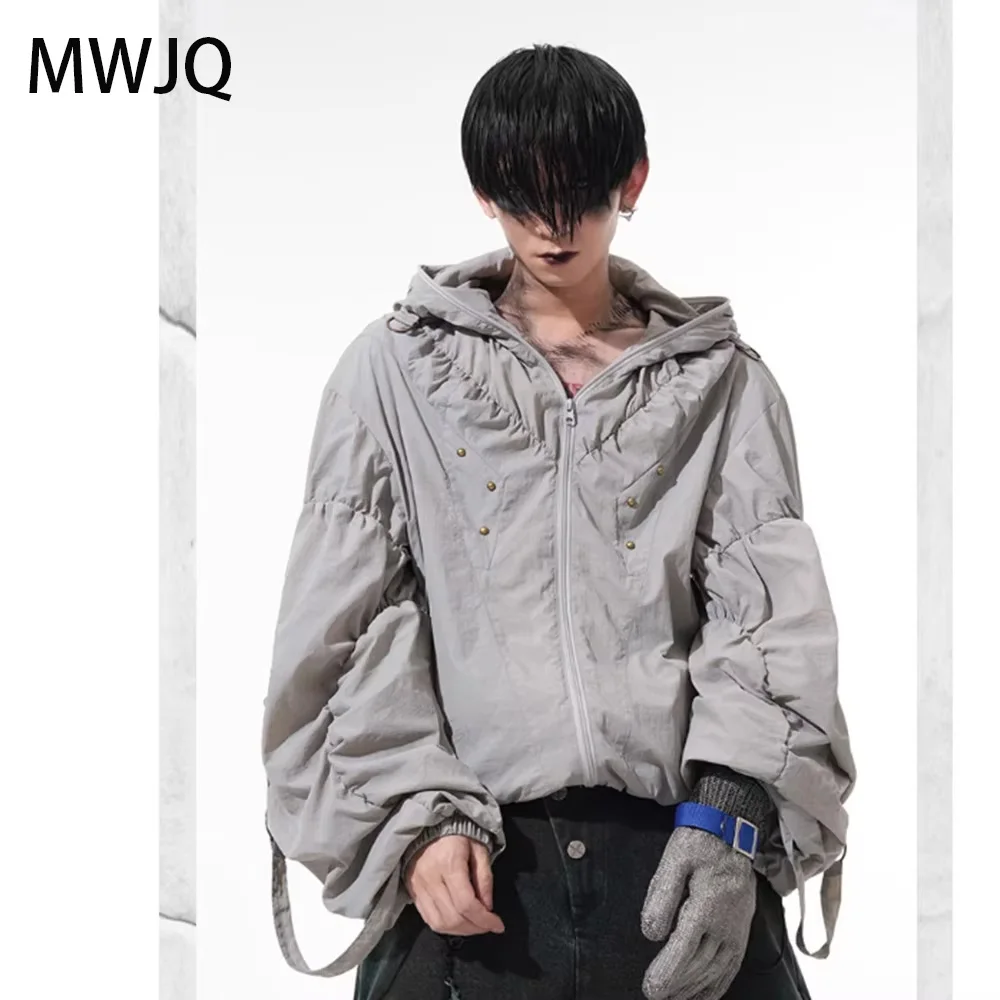

MWJQ Thin Ventilation Gathering Jacket Men High Street Fashion American Sunscreen Hooded Coats Male 2025 Spring New Tops 010262