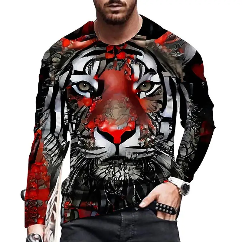 

3D Print Animal Tiger Graphic Men's T-Shirt Summer Autumn Round Neck Long Sleeve Pullover Loose Breathable Quick Dry Top For Men