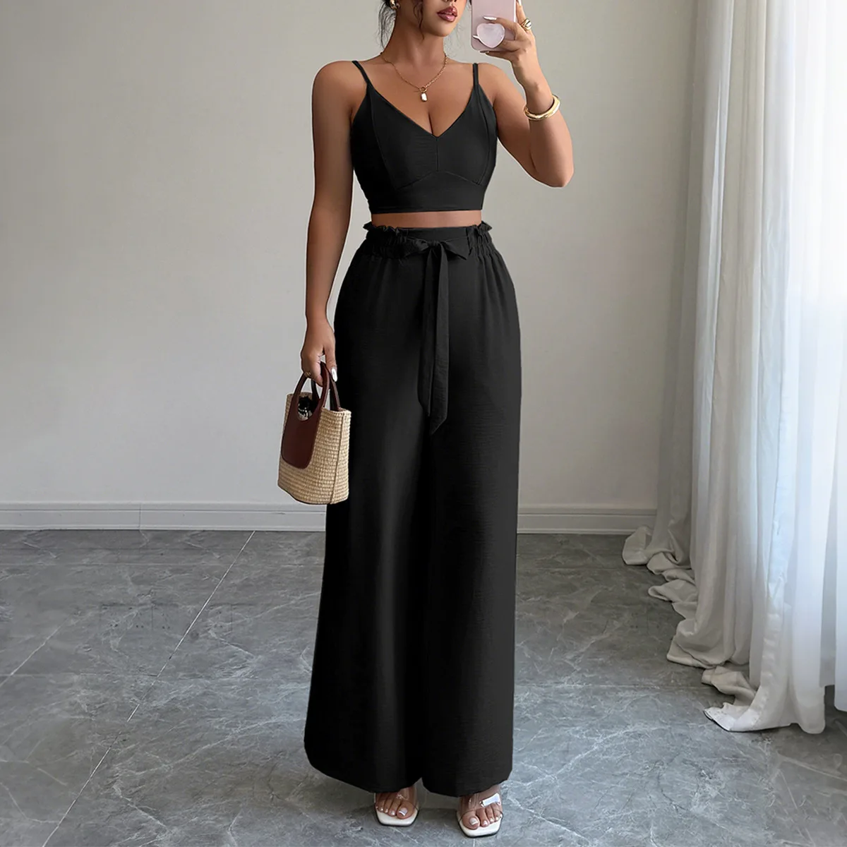

2025 New Fashion Elegant Suspender Vest Drawstring Trouser Set Women's Clothing)