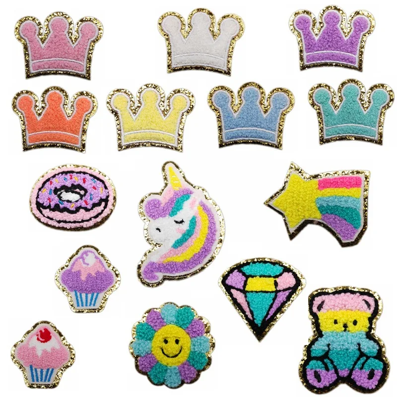 Cartoon Cake Donut Diamond Chenille Embroidery Sticker Patch for Clothes Applique Custom Towel Sticker for Hats Bags Cloth Diy