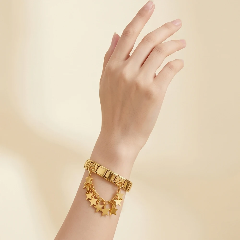 URING Italienisches Charm-Armband, passend für 9mm Edelstahl, abnehmbarer runder Stern, Blatt, Klinge, Flow Su, doppelt hängendes Schmuckarmband zum Selbermachen – Detail 7