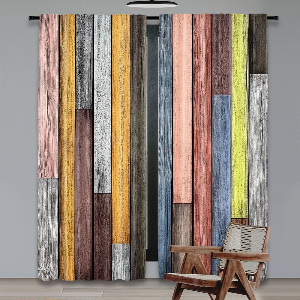 2Pcs Colorful Curtain Old Hardwood Floor Plank Lodge Natural Rural Graphic Suitable For Bedroom Bathroom Living Room Dining Room