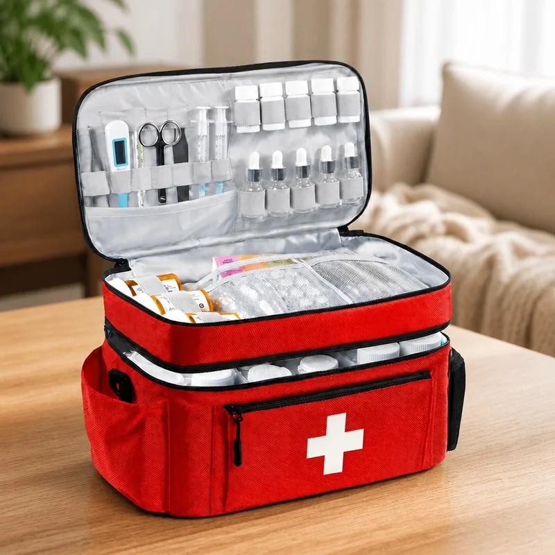 Compact two-tier first aid bag with large compartments, front zippered pocket, and multiple carry styles ideal for travel