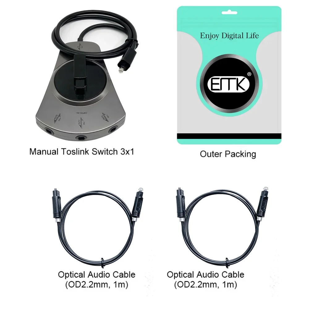 EMK 3-Way Digital Toslink Switch SPDIF Optical Audio Switch Toslink Cable Switcher Selector Hub Box for DVD CD player