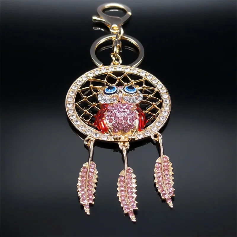 Shinny Crystal Owl Dreamcatcher Feather Keychain for Women Alloy Rhinestone Dream Catcher Animal Key Ring Bag Jewelry K9034S05