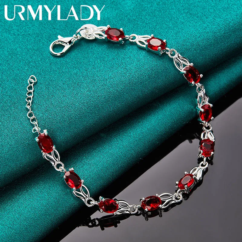 

URMYLADY 925 Sterling Silver Charm Red AAA Zircon Chain Bracelet For Women Wedding Engagement Celebration Party Fashion Jewelry