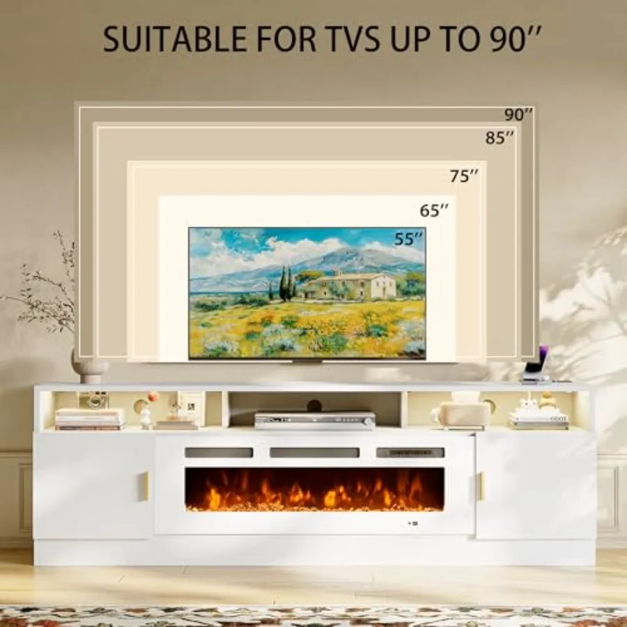 Living room TV stand with electric fireplace, MDF wood, black finish, 80-inch width, built-in power outlet, LED lights, and sto