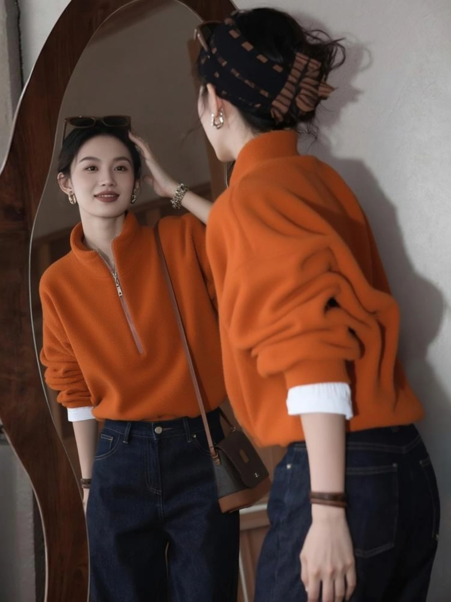 

Женская толстовка Dopne Orange с высоким воротником на молнии, осенне-зимняя, новая, свободного кроя, универсальная, повседневная, прямого силуэта, с длинными рукавами