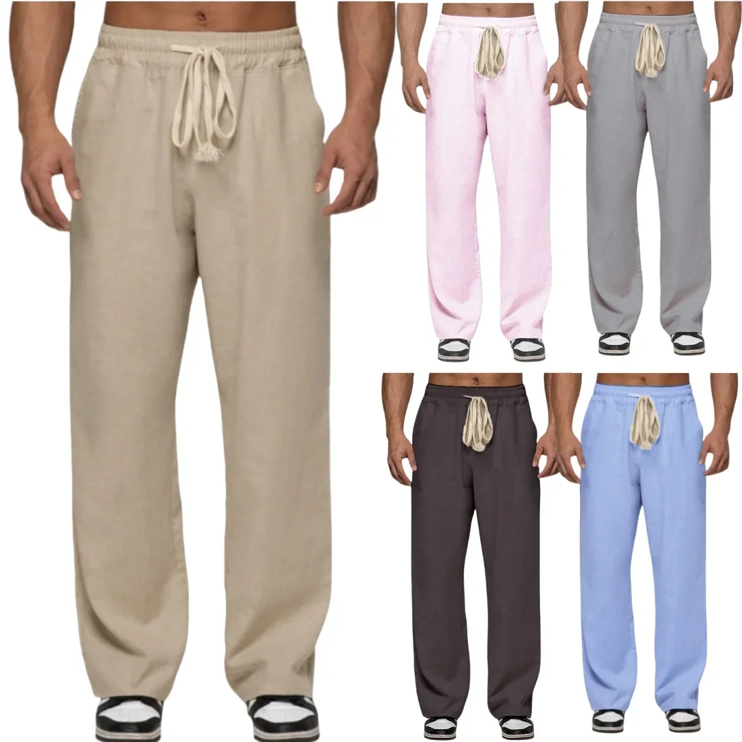 

Men's 2025 Casual Cotton Linen Trousers High-End Comfortable Elastic Waist Street Sports Loose Straight-Leg Trousers