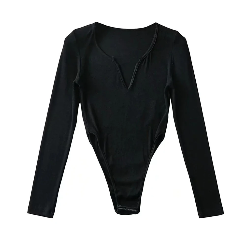 

Solid V-Neck Long Sleeve Bodysuit for Women - Stretchy Polyester Top for Spring & Fall - Casual Clubwear with Notch Neck Design