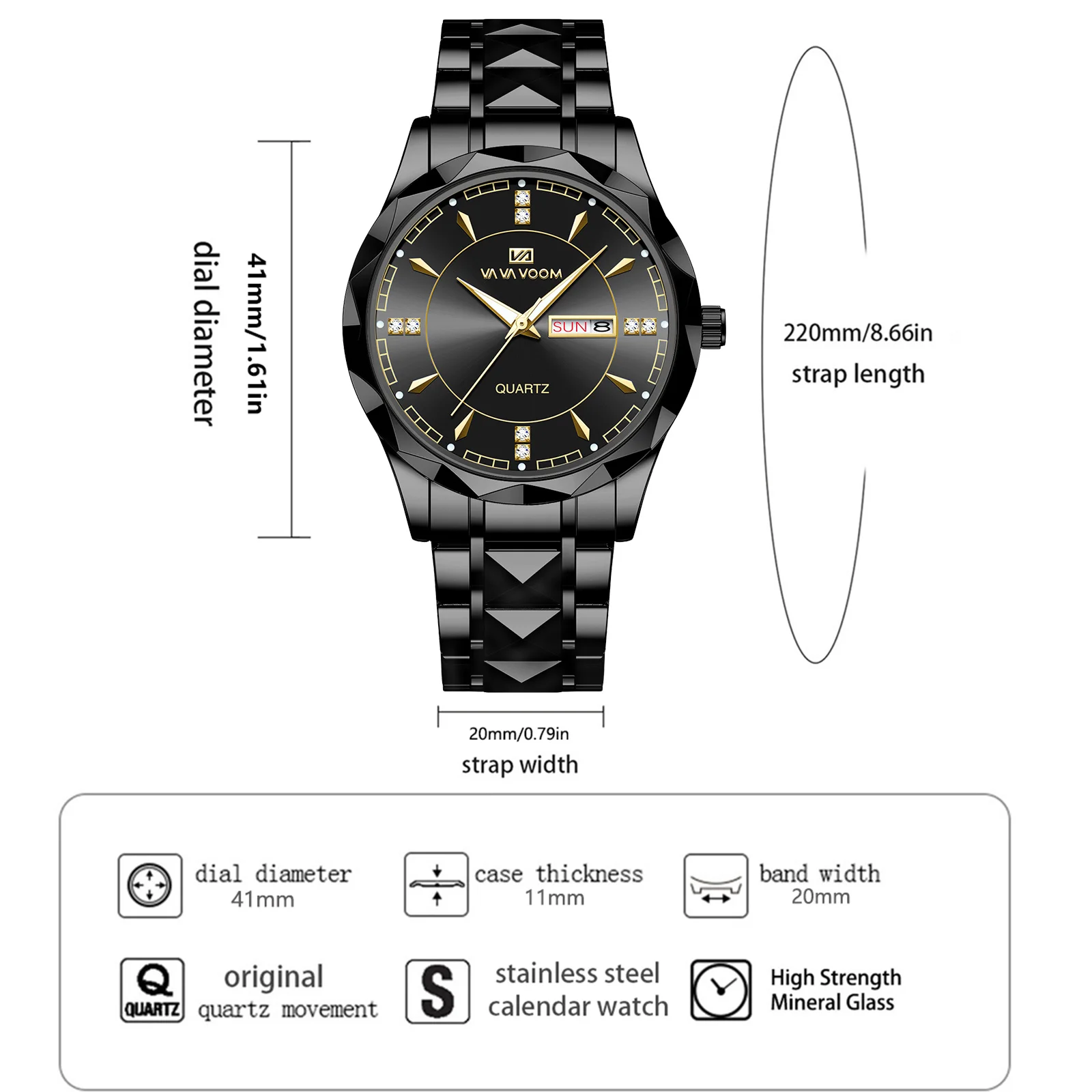 VA VA VOOM hommes montre en acier inoxydable classique noir strass luxe horloge d'affaires 3Bar semaine mouvement sport montre-bracelet à Quartz