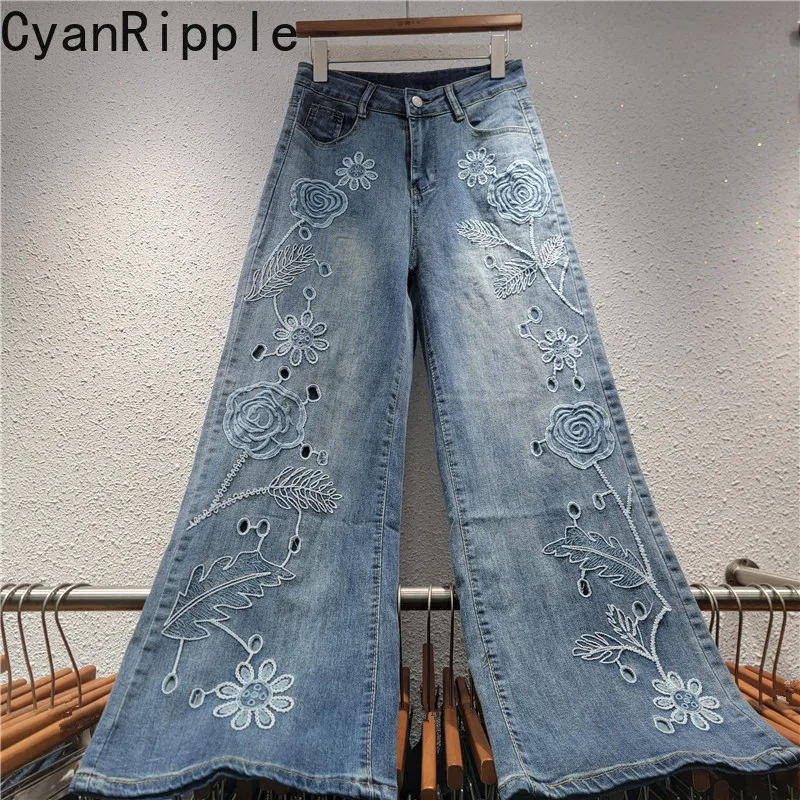

Hole Blue Flowers Embroidery Wide Leg Jeans for Women New Spring Summer High Waist Large Size Floor-length Straight Denim Pants