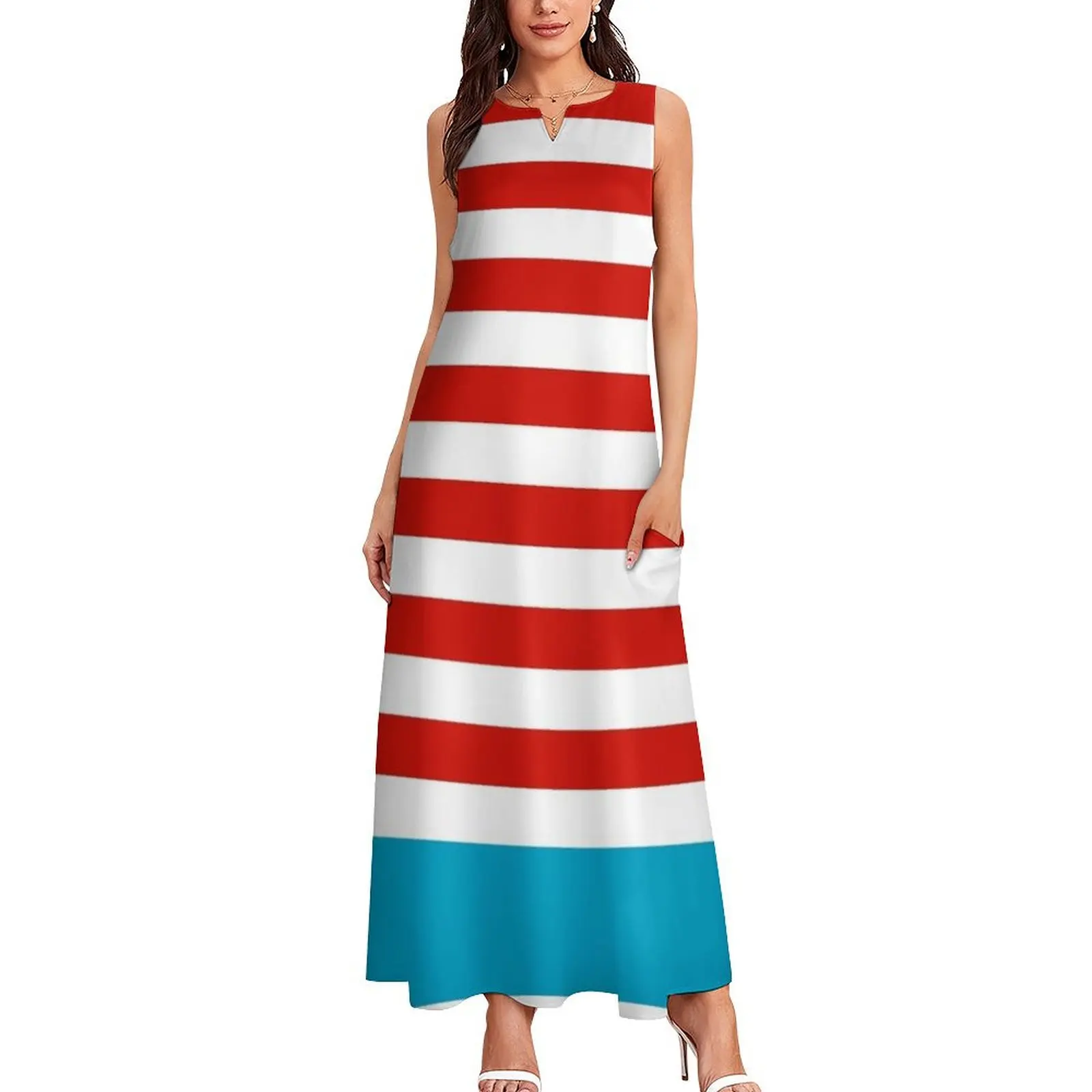 Red and white stripe, Wheres Waldo theme pattern Long Dress Long dress women's fashion dresses