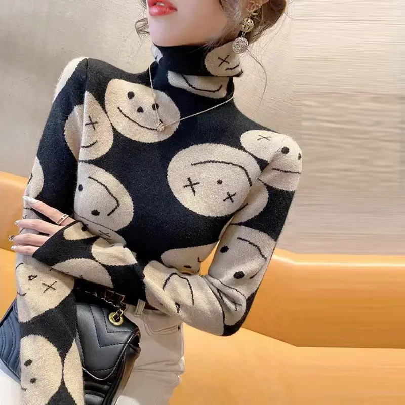 Women Clothing Fashion Sweet Sweaters New Spring Lady Ong Sleeved Turtleneck Slim Knitwear Smile Warm Commuting Tops