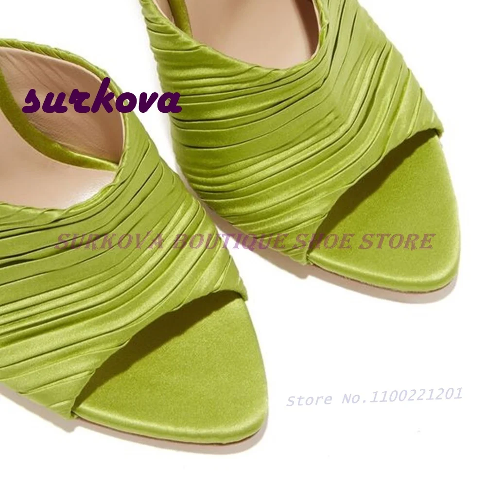 

Ruffled Satin Thin Heeled Slippers Summer Pointy Toe Green Party Shoes 2023 New Solid Slip On Mules Elegant Luxury Shoes Sexy