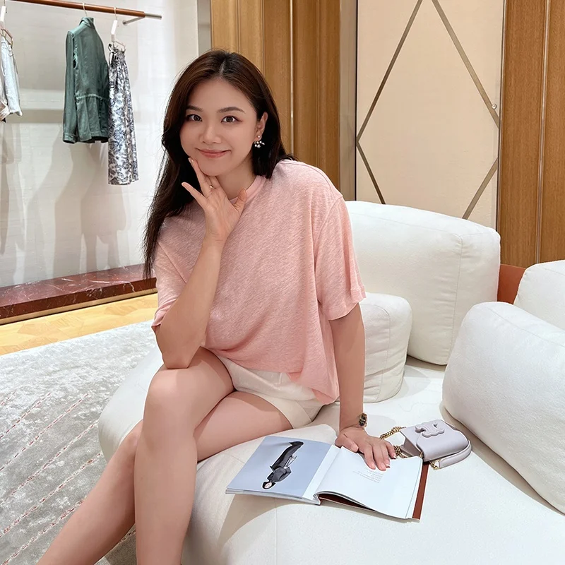 

Летний женский топ Mingmei: модный вязаный льняной свободный крой, круглый вырез, прозрачный, новинка