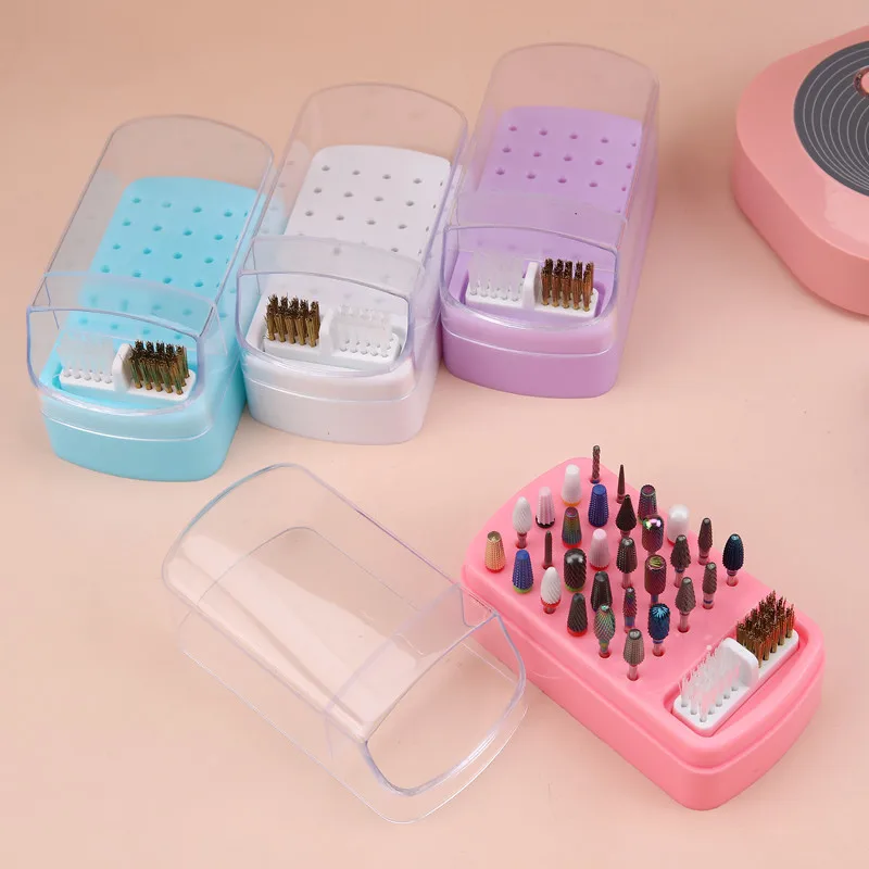 30 Holes Nail Art Drill Grinding Polish Head Bit Holder Clean The Storage Box 2-in-1 Manicure Sanding Head Brush Display Storage