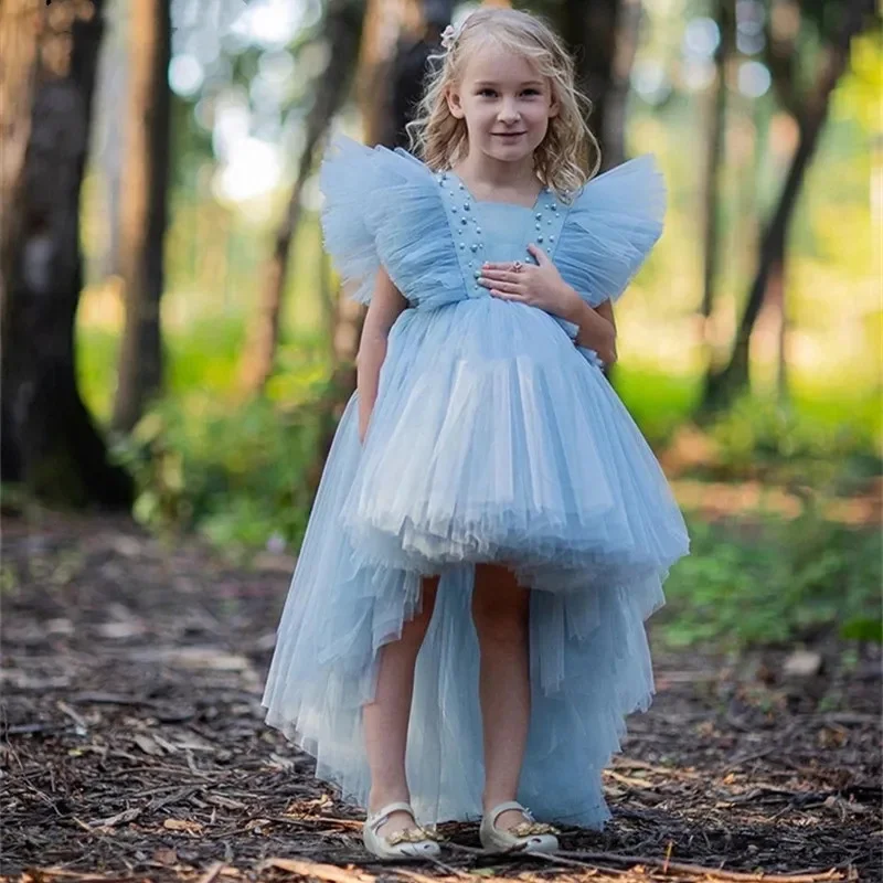 

Light Blue Flower Girl Dress For Wedding Puffy Pearls Cute Kids Birthday Evening Party Princess First Communion Ball Gowns