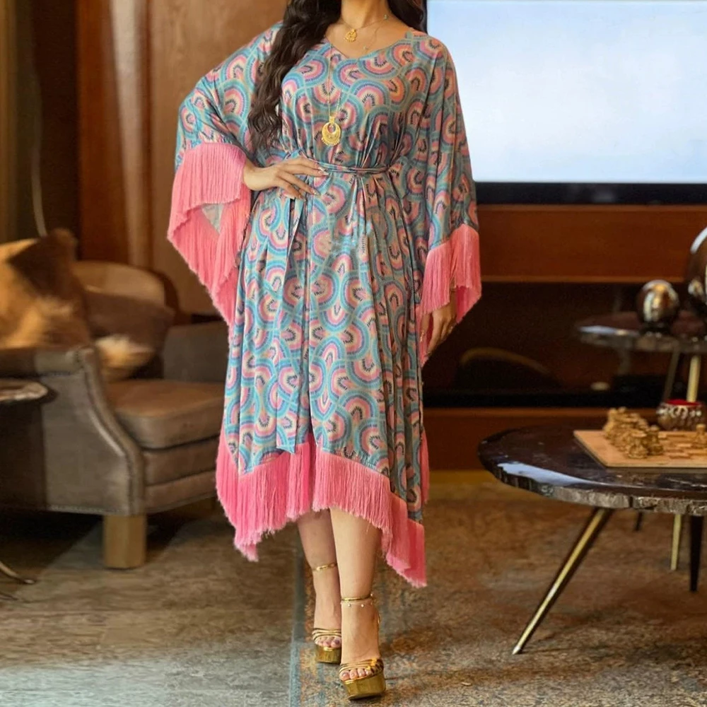 

New European and American Muslim women's fashion tassel splicing large sleeve dress dress-GZXX650