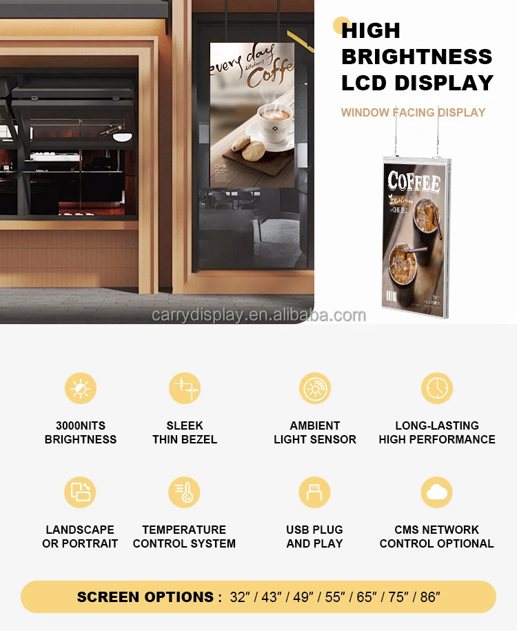 3000 Nit High Brightness s Hanging Advertising Digital Signage Facing Window LCD Screen view 5