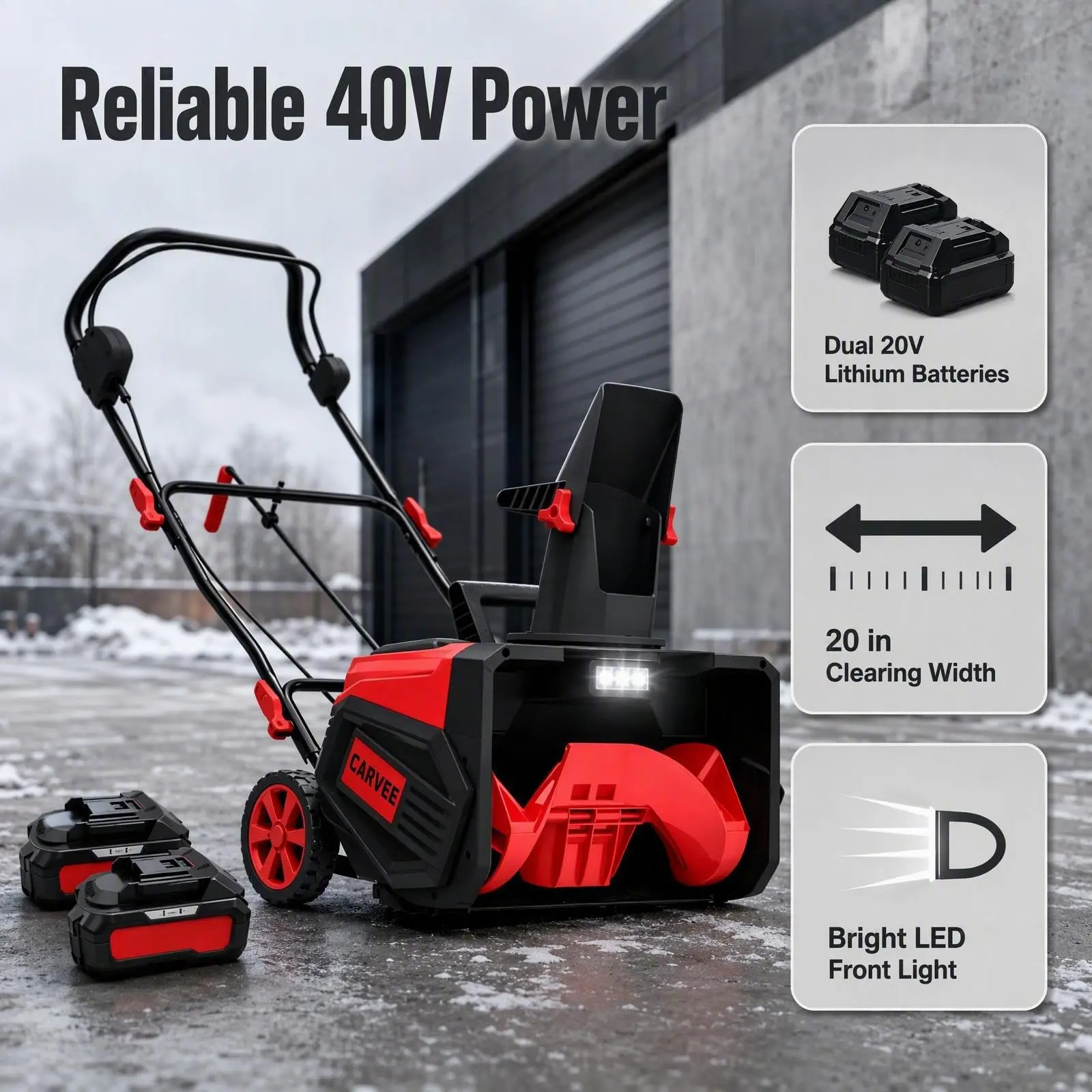 40V 20 Inch Cordless Snow Blower with LED Light, Battery Powered Electric Snow Thrower for Driveway Walkway Sidewalk Patio