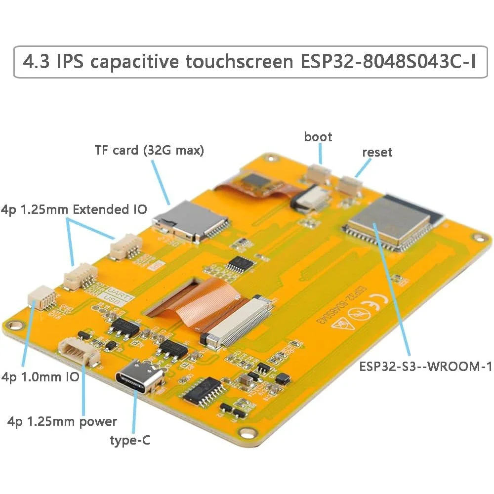 

4.3 inch ESP32-S3 IPS TFT LCD 480x272 Capacitive Touch ILI9485 Module for Arduino/RPi with WiFi/Bluetooth & USB/TF Slot