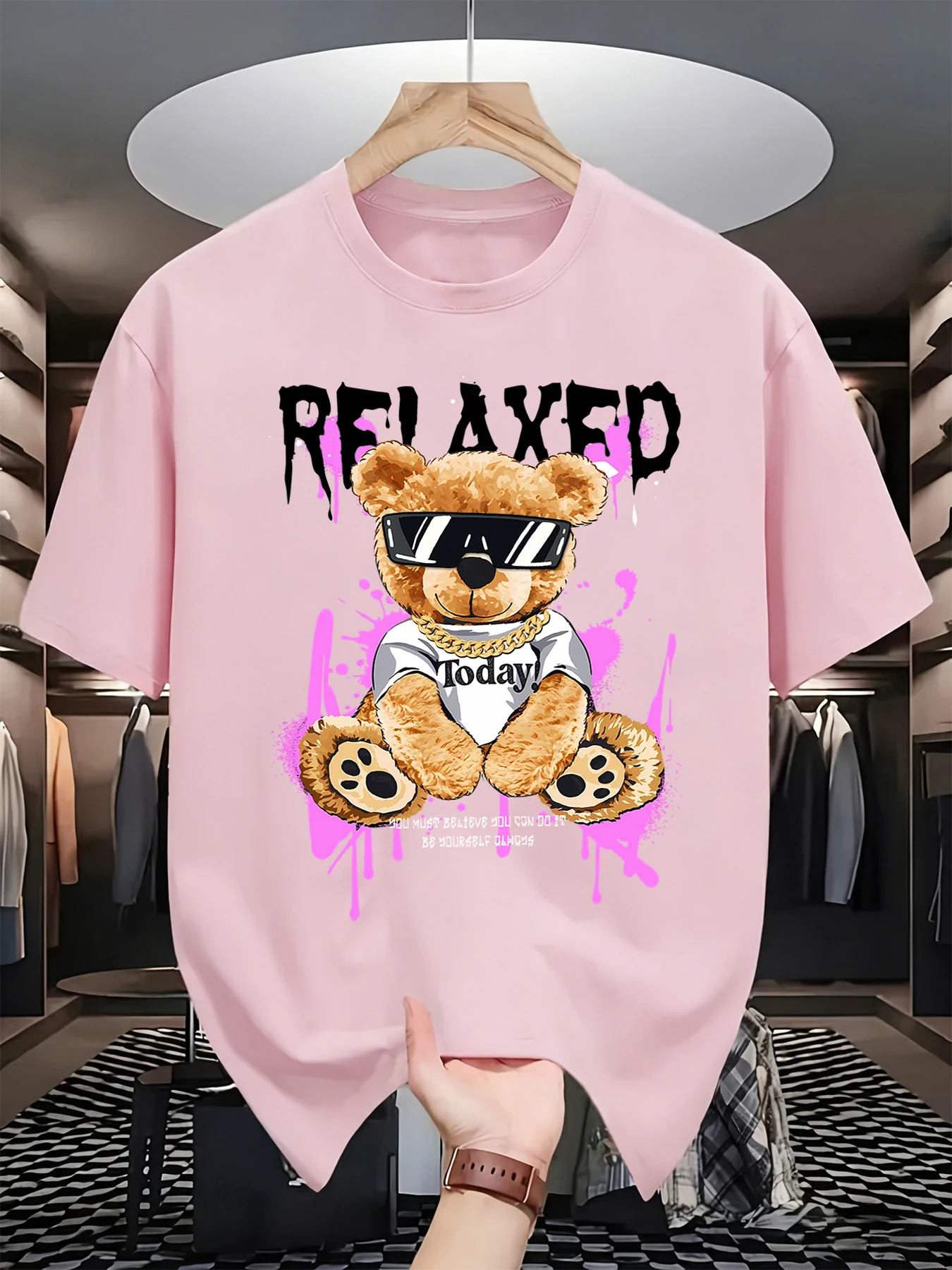 Always Stay Cool Cartoon-Bärenmuster Herren-Baumwoll-Hip-Hop-Oberteil mit O-Ausschnitt, Sommer-Basic-Kleidung, lässig, trendig, All-Match-Kurzarmshirt