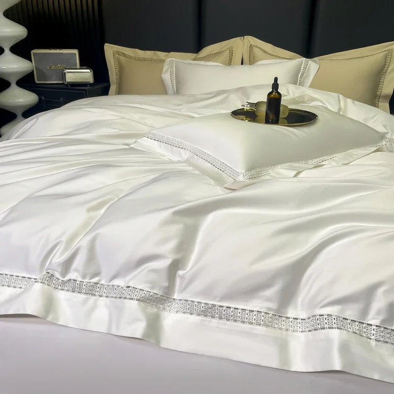 4Pcs Luxury 1000TC Egyptian Cotton White Hotel Style Bedding Set Hollow Wide Edge Duvet Cover Bed Sheet Fitted Sheet Pillowcase