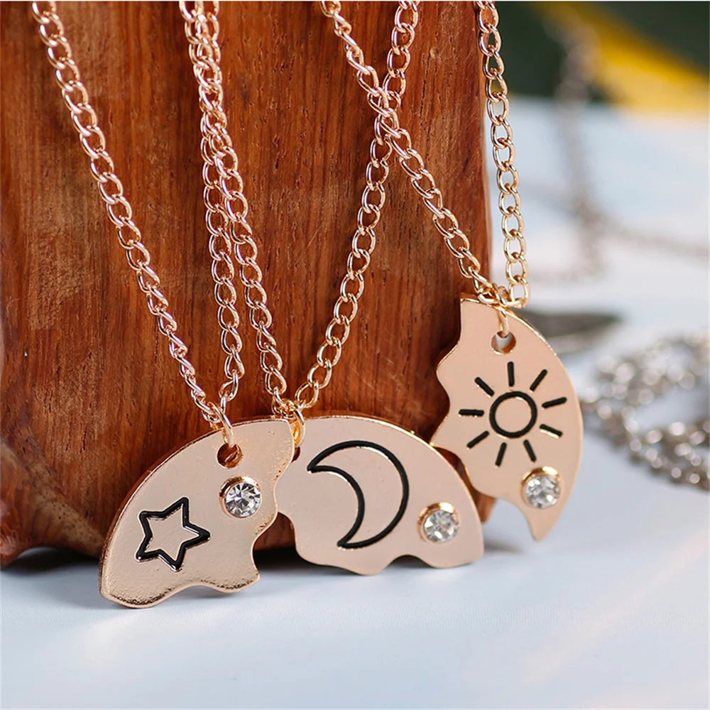 3 Pcs/Set Sun Moon Star Pendant Necklace Best Friend Bff Friendship Couple Necklace Clavicle Chain Fashion Jewelry Party Gifts