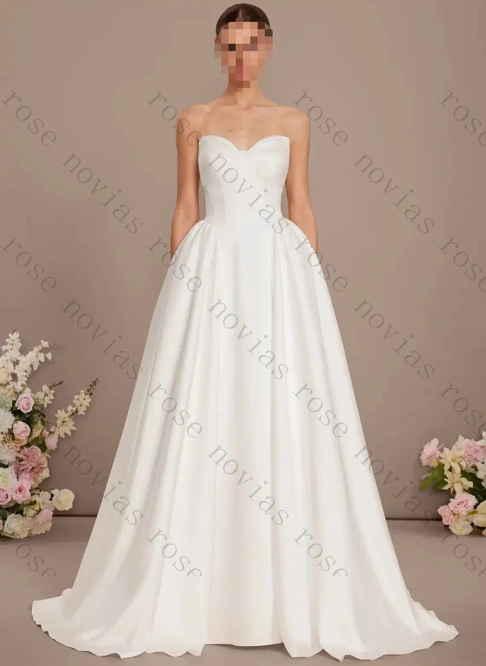 Customized Simple Satin Strapless A-line White Wedding Dresses 2026 Sweetheart Collar Folded Bridal Gown Suitable for Beach