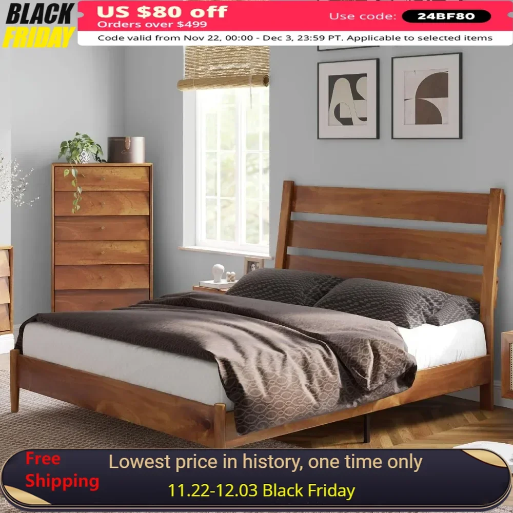 

Queen Bed Frame with Reclining Slatted Headboard, Mid Century Bed Frame with Wood Slat Support, Wood Bed Frame