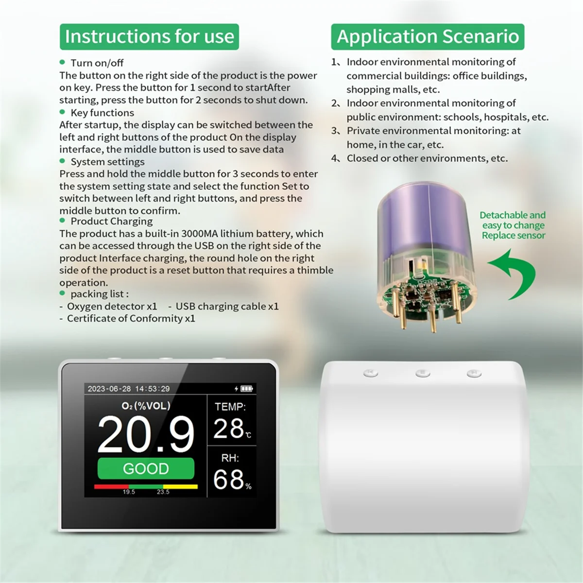A002 Handheld Oxygen Concentration Detector Temperature and Humidity Detection Oxygen Detector Oxygen Test Exceeding Alarms