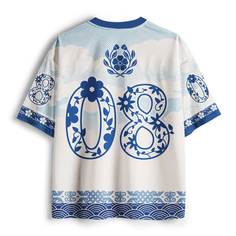 Japanese Ukiyo-e Cherry Blossom V-neck Mesh Jersey, Retro Printed Cherry Blossom Flower Qinghai Ripple Short Sleeved Jersey