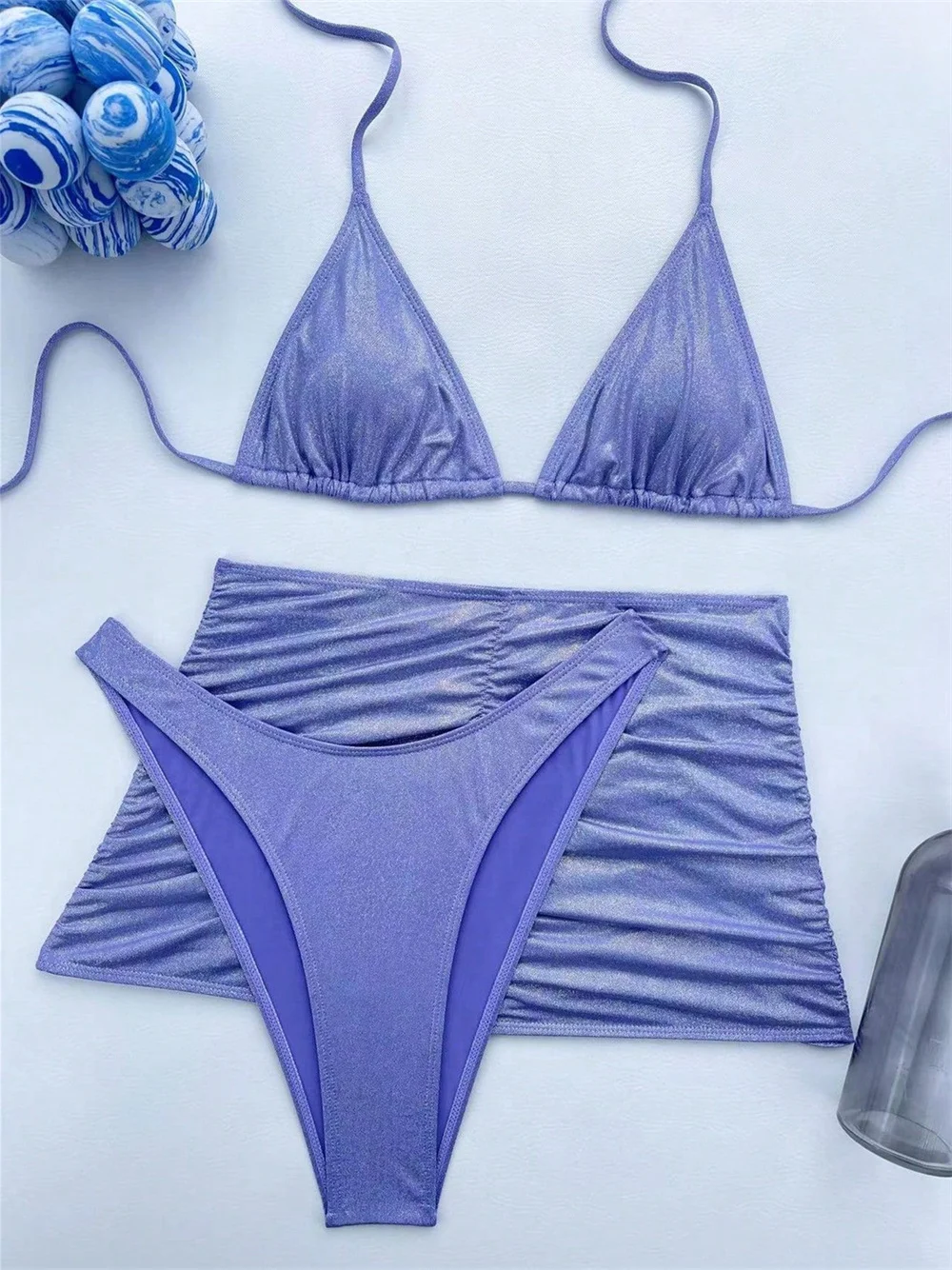 Maillot de bain 3 pièces pour femmes, string brillant, bikini, micro, extrême, dos nu, Y2K, mini jupe, ensemble deux pièces, pour la plage